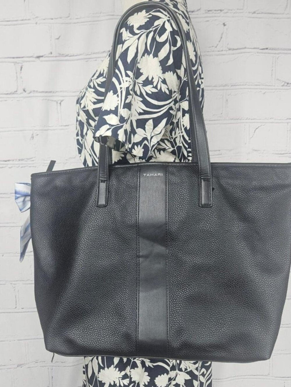 Tahari Black Pebbled Tote Bag with Scarf Charm Large Shoulder Faux Leather